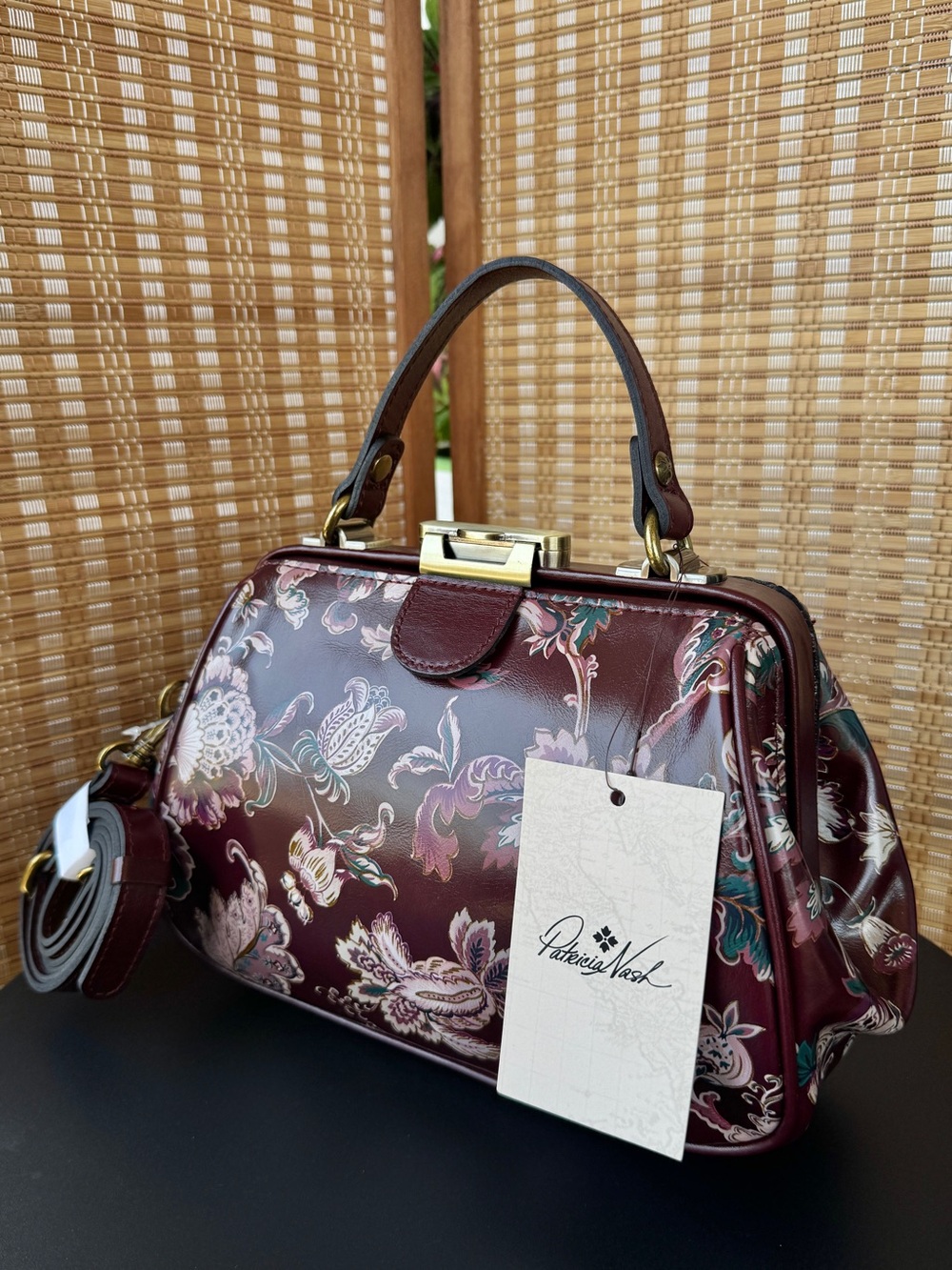 Patricia Nash Burgundy Floral Frame Satchel